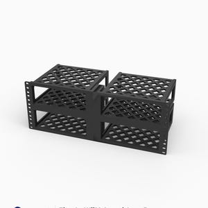 May include: A black 3D printed rack mount designed to hold four WiiM Amp or Amp Pro units. The structure features a 19-inch wide, 4U high frame with a diamond-patterned lattice design on the top and bottom shelves for ventilation.