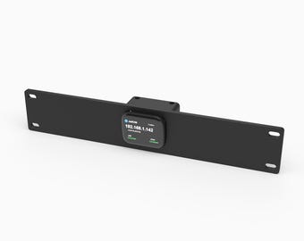 May include: A black 1U rack mount for a JetKVM device, featuring a central rectangular cutout for the unit. The device displays the text 192.168.1.142, JetKVM, USB Connected, and HDMI Connected. The mount includes mounting holes on both ends.