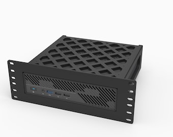 May include: A black 3D-printed rack mount for a Minisforum MS-01 and MS-A2 mini PC. The mount features a 25.4 cm wide, 2U high front panel with mounting holes and a lattice-patterned top structure. Text on the image reads: 3D Rack Mounts Fits Minisforum MS-01 & MS-A2 Mini PC 10" 2U PETG Made in USA.