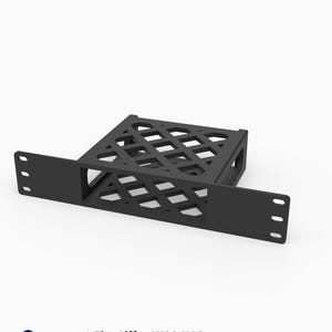 May include: A black 3D printed rack mount for an Aiffro K100 NAS, featuring a 1U height and a 10-inch width. The mount has a lattice-style grid base and side panels with mounting holes on the front face for installation into a server rack.