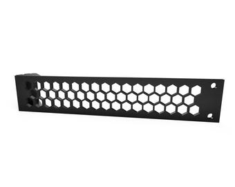 May include: Black metal vent cover with a honeycomb pattern. The vent cover has two holes on the right side.