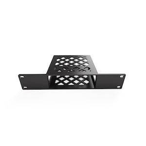 May include: A black rack mount shelf with a diamond pattern on the top surface. The shelf has two side panels with mounting holes. The product is designed to hold equipment in a standard 19-inch rack.