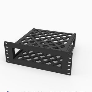 May include: A black 3D-printed rack mount for Minisforum MS-01 and MS-A2 mini PCs. The unit features a 10-inch 2U form factor with a diamond-patterned lattice base and side panels, and a front mounting plate with pre-drilled holes for rack installation.