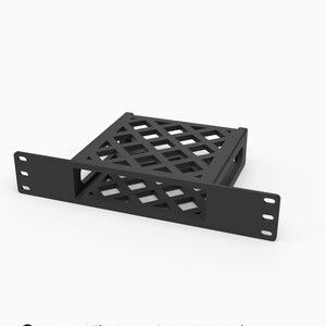 May include: A black 3D printed rack mount for an Aeotec Smart Home Hub. The mount features a 1U height, a 10-inch width, and a lattice-style grid pattern on the top surface. It includes a flat front panel with mounting holes on both sides.