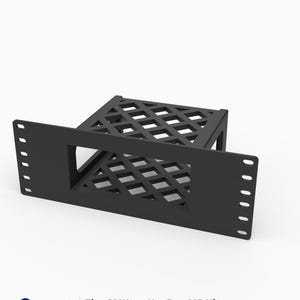 May include: A black 3D printed rack mount for a GMKtec NucBox M5 Ultra, featuring a 10-inch wide front panel with mounting holes and a lattice-style support base. The text 3D Rack Mounts Fits GMKtec NucBox M5 Ultra 10" 2U PETG Made in USA is visible.