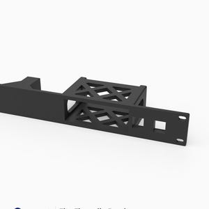 May include: A black 3D-printed rack mount for a Firewalla Purple device, featuring a 19-inch wide faceplate with a 1U height, a lattice-patterned support structure, and square cutouts. The text 3D Rack Mounts Fits Firewalla Purple 19" 1U PETG Made in USA is visible.