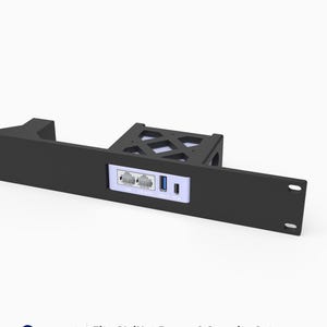 May include: A black 19-inch 1U rack mount made of PETG for a GL.iNet Brume 2 security gateway. The mount features a central cutout displaying the gateway's LAN, WAN, USB, and DC ports, with a lattice-patterned support structure extending backward.