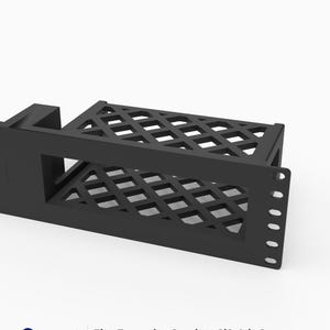 May include: A black 3D printed rack mount for a Focusrite Scarlett 2i2 4th Gen audio interface. The mount features a lattice-style grid pattern on the top and bottom surfaces, a flat front panel with vertical mounting holes, and a side support bracket.