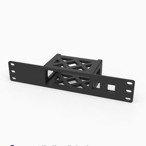 May include: A black 3D-printed rack mount for a Firewalla Purple device, featuring a 10-inch 1U form factor with a lattice-patterned support structure and integrated mounting holes on the front panel for standard server rack installation.