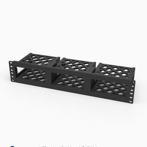 May include: A black 3D-printed rack mount system designed for Apple Mac Mini M4 devices. The unit features three interconnected compartments with a diamond-patterned lattice structure, measuring 19 inches wide and 2U in height, made of PETG.