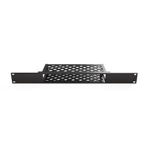 May include: A black, rack-mountable shelf with a diamond-patterned surface. The shelf has two extended side panels with mounting holes, designed for standard 19-inch rack systems. The shelf is made of metal and is suitable for various electronic components.