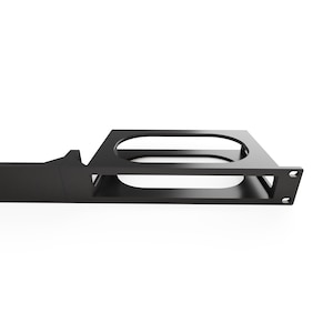 May include: A black metal bracket with an open rectangular design and rounded corners. The bracket has a series of holes on the right side and a small notch on the left. The object is designed for mounting.