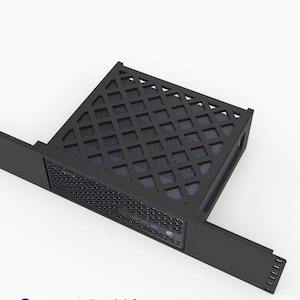 May include: A black 3D printed rack mount for a Minisforum MS-S1 Max computer. The mount features a diamond-patterned top ventilation grid and a front panel with a cutout for the device ports. Text on the image reads: 3D Rack Mounts Fits Minisforum MS-S1 Max 19" 2U PETG Made in USA.