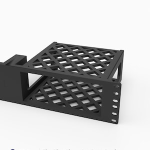May include: A black 3D-printed rack mount with a lattice-patterned shelf and a vertical mounting bracket. The text on the image reads: 3D Rack Mounts Fits Ring Alarm Pro Base Station 19" 2U PETG Made in USA. This component is designed for equipment organization.