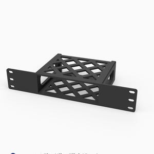 May include: A black 3D-printed rack mount designed for a MikroTik hAP ax2 router. The mount features a lattice-style top and side structure for ventilation, with a flat front panel containing mounting holes for a 10-inch 1U rack configuration.