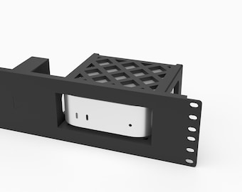 May include: A black 3D printed rack mount for an Apple Mac Mini M4 or M4 Pro, featuring a lattice-style top cage and a front panel with mounting holes. The text 3D Rack Mounts Fits Apple Mac Mini M4 / M4 Pro 19" 2U PETG Made in USA is visible.