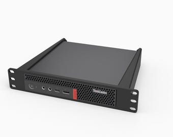 May include: A black 3D printed rack mount for a Lenovo ThinkCentre Tiny computer. The mount features a perforated front panel with cutouts for ports and a power button. Text on the base reads 3D Rack Mounts Fits Lenovo ThinkCentre Tiny 10 inch 1U PETG Made in USA.