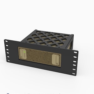 May include: A black 3D-printed rack mount designed for an NVIDIA DGX Spark, featuring a front panel with mounting holes, a central rectangular cutout, and a lattice-patterned support structure. The text 3D Rack Mounts is visible on the frame.