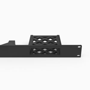 May include: A matte black metal rack mount shelf featuring a flat front panel with two mounting holes on the right side and a central rectangular section with a diamond-shaped lattice grid pattern for ventilation and structural support.