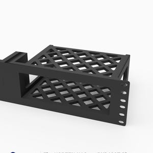 May include: A black 3D printed rack mount with a diamond-patterned lattice base and side support, designed to fit the UGREEN NASync DXP480T Plus. The unit features a 19-inch width, 2U height, and is constructed from PETG material.