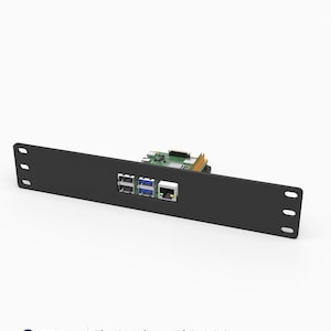 May include: A black 1U rack mount panel for a 25.4 cm rack, featuring a cutout for a Raspberry Pi 5, 4 or 3. The panel includes mounting holes on each side and displays the text 3D Rack Mounts Fits Raspberry Pi 5, 4 & 3 10" 1U PETG Made in USA.