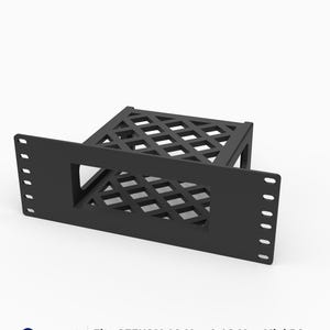 May include: A black 3D printed rack mount for a GEEKOM A9 Max and A8 Max Mini PC. The mount features a 10-inch 2U faceplate with a rectangular cutout and a lattice-patterned support shelf made of PETG material, designed for standard rack systems.