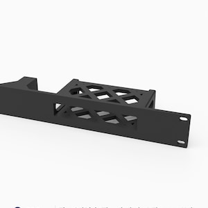 May include: A black 3D printed rack mount for a CalDigit Thunderbolt 4 Element Hub. The mount features a 19-inch wide faceplate with a lattice-patterned support structure, 1U height, and mounting holes on each side for standard server rack installation.