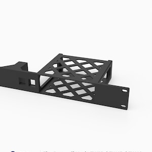 May include: A black 19-inch 1U rack mount bracket featuring a lattice-patterned base and a front panel with two square cutouts. The text on the image reads: 3D Rack Mounts Fits Protectli Vault FW2B / FW4B / FW4C 19" 1U PETG Made in USA.