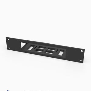 May include: A black 3D printed rack mount bracket designed for a Unifi Switch 8. The rectangular mount features a central cutout section with specific port openings and four circular mounting holes on the flat side panels for installation.