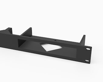 May include: A black 3D printed rack mount bracket designed to fit a Netgear GS308E switch. The mount features a rectangular front panel with mounting holes on the sides and a central cutout, labeled with the text 3D Rack Mounts Fits Netgear GS308E 19" 1U PETG Made in USA.
