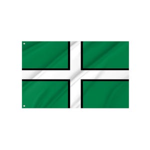 Pode incluir: Uma bandeira retangular verde com uma cruz branca com contornos pretos. O tecido verde apresenta ligeiras rugas, criando um efeito de movimento. A bandeira está sobre um fundo branco.