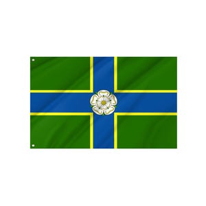 May include: A rectangular flag with a green background, a blue cross, and yellow borders. The centre of the cross features a white flower emblem. The flag has eyelets for hanging.