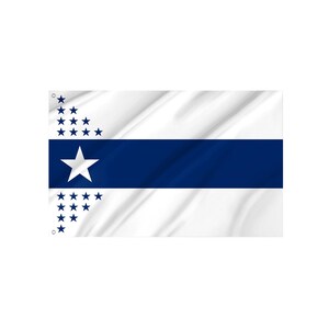 May include: White flag with a blue horizontal stripe and a large white star in the centre. Two groups of blue stars are arranged on the upper and lower left corners of the flag.