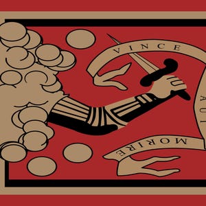 Könnte beinhalten: Ein rotes und beiges Grafikdesign mit einem stilisierten Arm, der einen Dolch hält, mit den Worten "VINCE AUT MORIRE" auf einem Banner. Das Design umfasst beige Kreise und einen schwarz-beigen Rahmen.