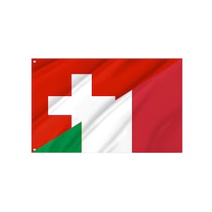 Op de afbeelding: Een rechthoekig vlagontwerp met de vlaggen van Zwitserland en Italië. De Zwitserse vlag, met een wit kruis op een rode achtergrond, staat linksboven. De Italiaanse vlag, met groene, witte en rode strepen, staat rechts.