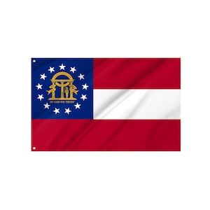 May include: A rectangular flag of the state of Georgia. The flag has a blue canton with a circle of stars around the state seal. The flag has two red stripes and one white stripe.