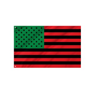 May include: A rectangular flag featuring a green canton filled with black stars. The remaining field consists of alternating horizontal red and black stripes. The flag includes two metal grommets on the left side for mounting purposes.