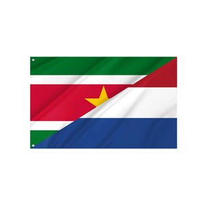 Puede incluir: Una bandera que presenta los diseños combinados de las banderas de Surinam y los Países Bajos. El lado de Surinam tiene rayas verdes, rojas y blancas con una estrella amarilla. El lado holandés tiene rayas rojas, blancas y azules.
