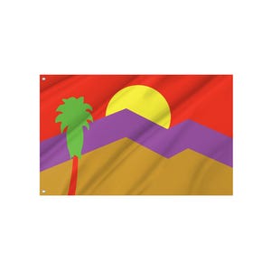 May include: A flag featuring a desert landscape design. The flag has a red sky with a yellow sun, purple mountains, and a green palm tree with a red trunk. The lower portion of the flag is tan.