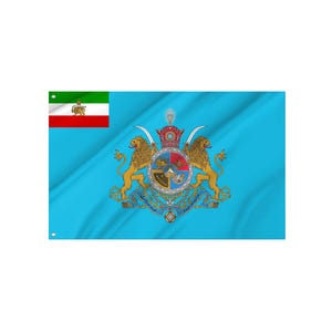 Puede incluir: Bandera azul claro con el emblema iraní. El emblema presenta dos leones dorados sosteniendo un escudo coronado. Una bandera más pequeña con rayas verdes, blancas y rojas se encuentra en la esquina superior izquierda.