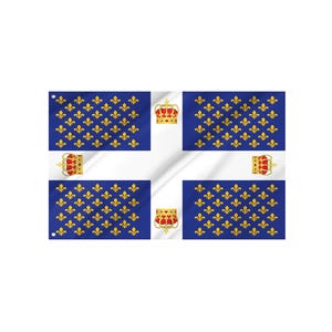 May include: A flag design featuring a white cross on a white background, with four blue rectangles. Each blue rectangle is filled with gold fleur-de-lis symbols. Gold crowns and crests are also present.