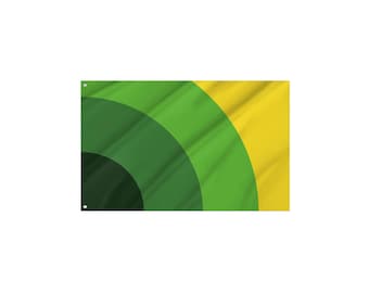 Pode incluir: Bandeira retangular com um desenho de arcos sobrepostos em tons de verde e amarelo. A bandeira tem um ligeiro padrão de ondas, sugerindo que é feita de tecido. O design é simples e geométrico.