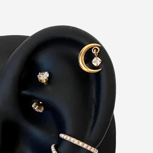 16G Titanium Moon Dangle Flat Back stud, Nose stud, Internally Threaded conch earring, Cartilage piercing, Helix earring, Tragus, Piercing