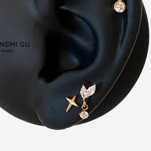 16G Titanium Leaf Dangle Flat Back stud, Nose stud, Internally Threaded conch earring, Cartilage piercing, Helix earring, Tragus, Piercing