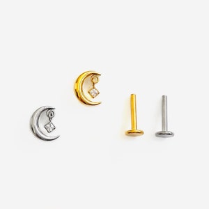 16G Titanium Moon Dangle Flat Back stud, Nose stud, Internally Threaded conch earring, Cartilage piercing, Helix earring, Tragus, Piercing