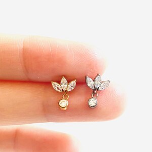 16G Titanium Flower Dangle Internally Threaded Flat Back stud, Conch earring, Cartilage flat back, Helix stud, Tragus stud, Minimalist stud