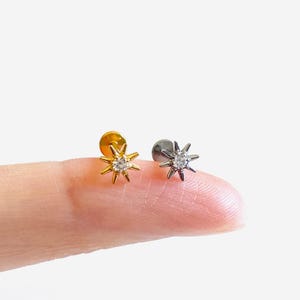 16G Titanium Sparkle Sun Internally Threaded Flat Back stud, Sun Conch earring, Cartilage flat back, Helix stud, Tragus stud, Minimalist
