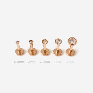 16G 1.5-4mm Rose Gold Clear Round Internally Threaded Nose stud, Conch earring, Cartilage flat back, Helix stud, Tragus stud, Minimalist