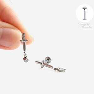 16G Titanium Dagger Dangle Stud, Sword Cartilage Flat Back Labret, Internally Threaded conch earring, Cartilage, Helix stud, Tragus stud