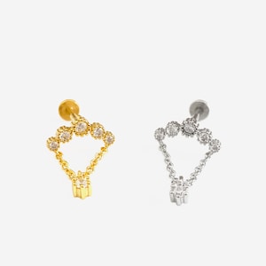 16G Chain Drop Round Flat Back stud, Nose stud, Internally Threaded conch earring, Cartilage piercing, Helix earring, Tragus, Piercing
